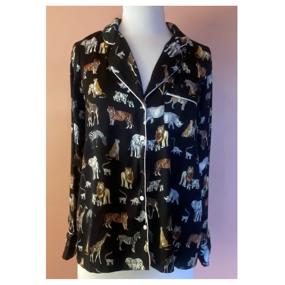 Banana Republic Animal Lion Giraffe Zebra Rhino Lemur Black Pajama Top Blouse S